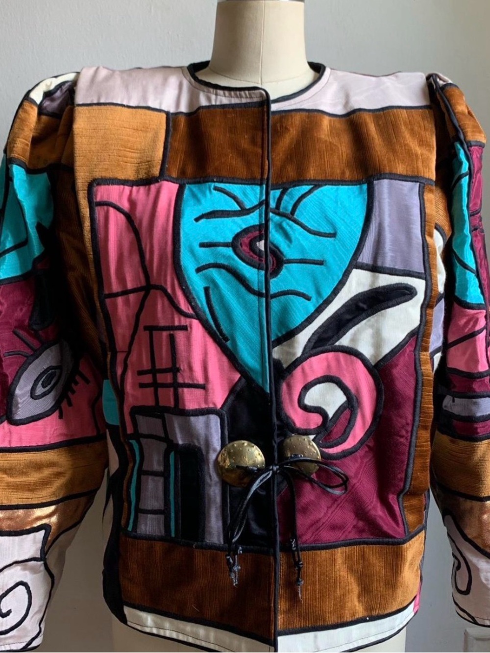 Judith Robert’s Abstract Face Patchwork Wearable Art Blazer Jacket size M/L - Picture 3 of 7